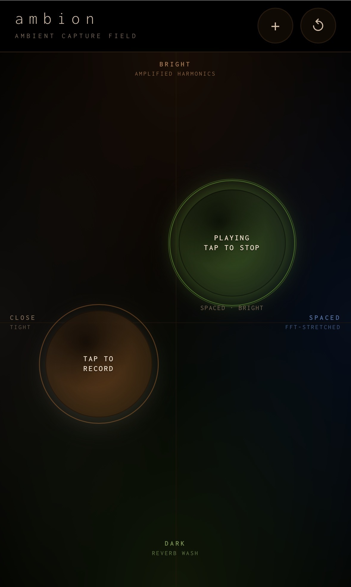 Ambion — the Ambient Capture Field recording the room into grain-stretched, reverbed harmonics