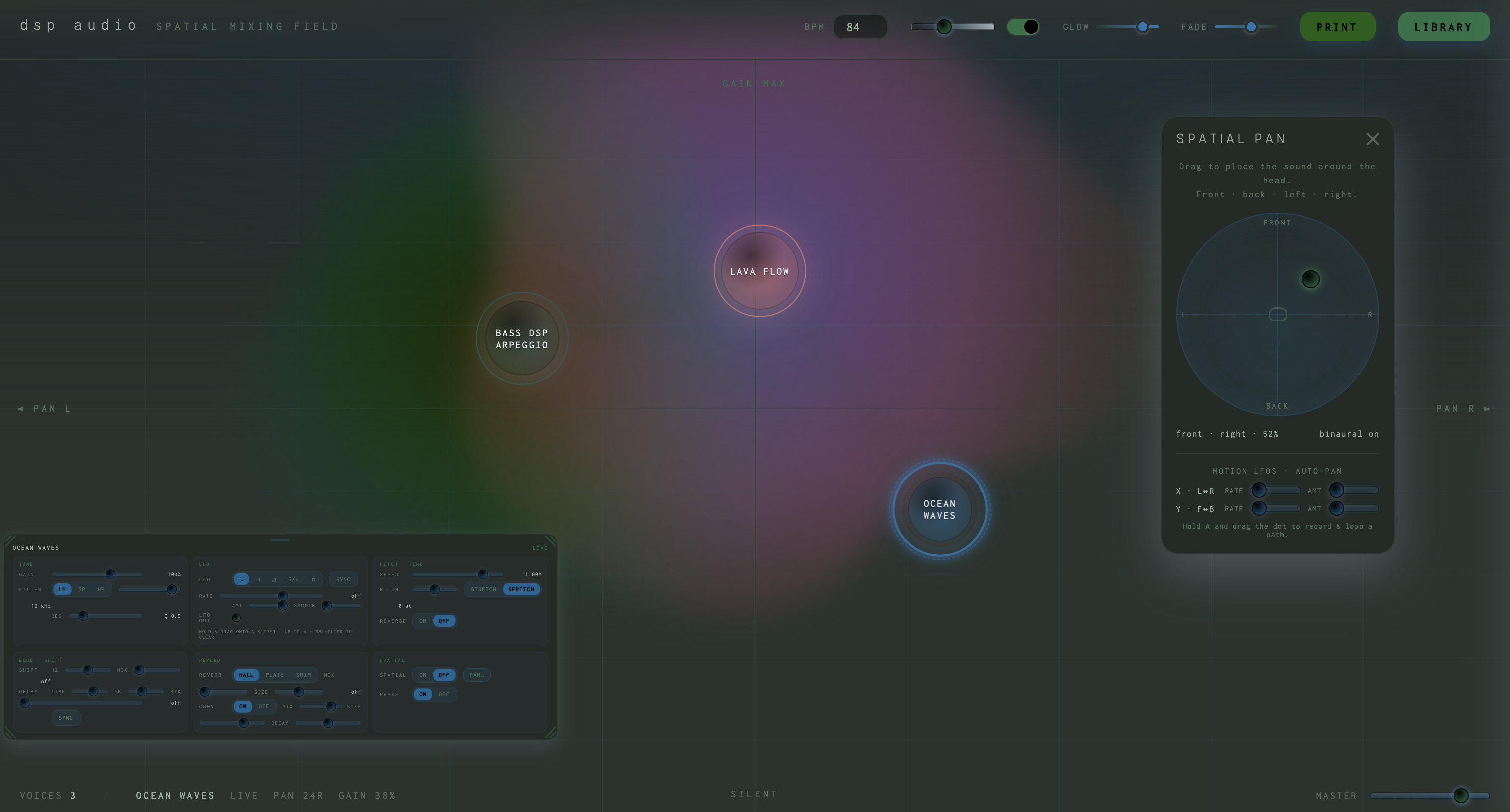 SPF — binaural spatial pan and per-orb DSP controls