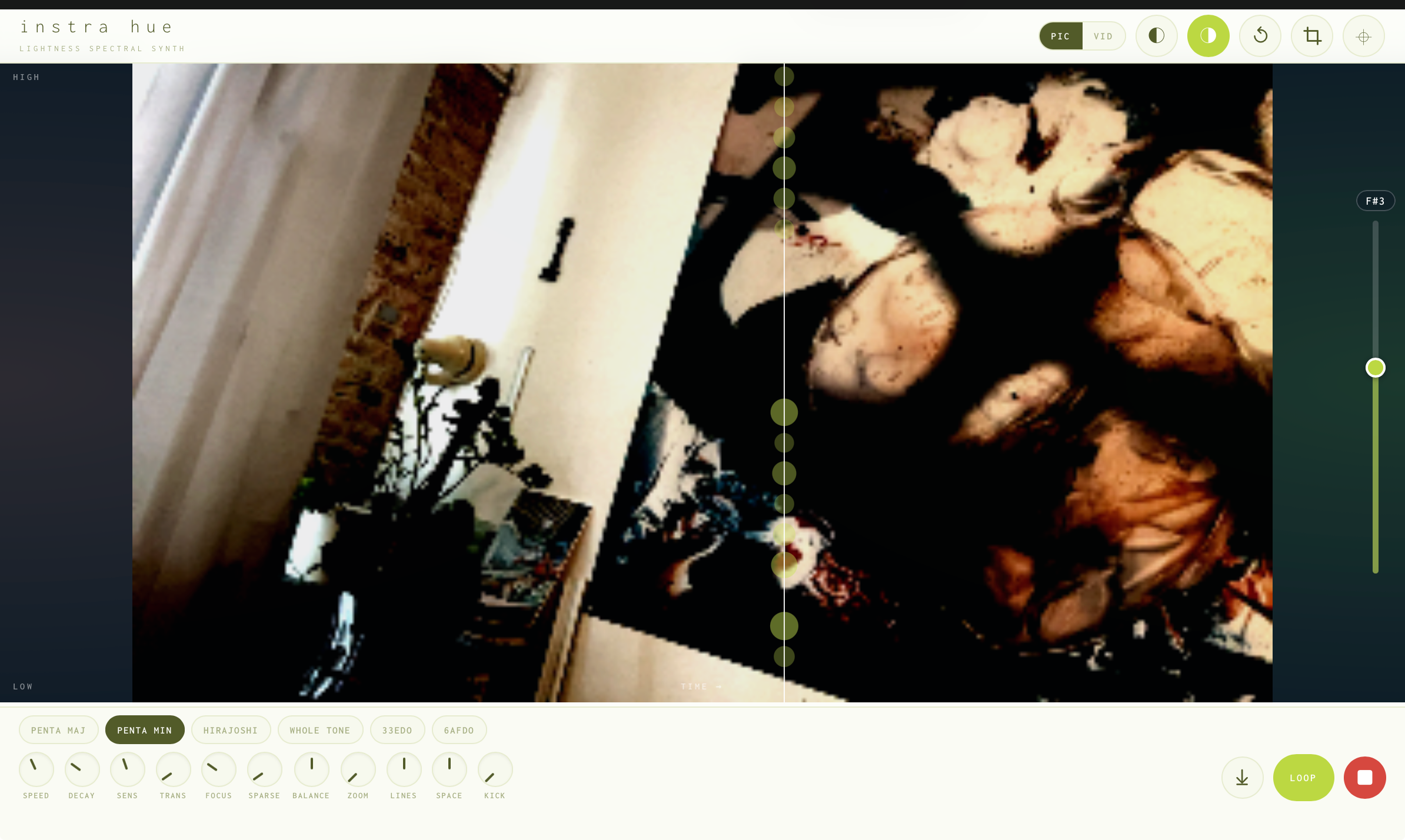 Instra Hue — the Lightness Spectral Synth reading a photograph left to right, pitch following the brightness of each colour
