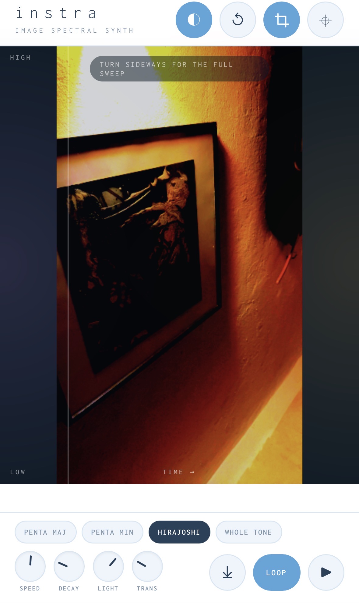 Instra — the Image Spectral Synth reading a photograph left to right as a stack of sine waves