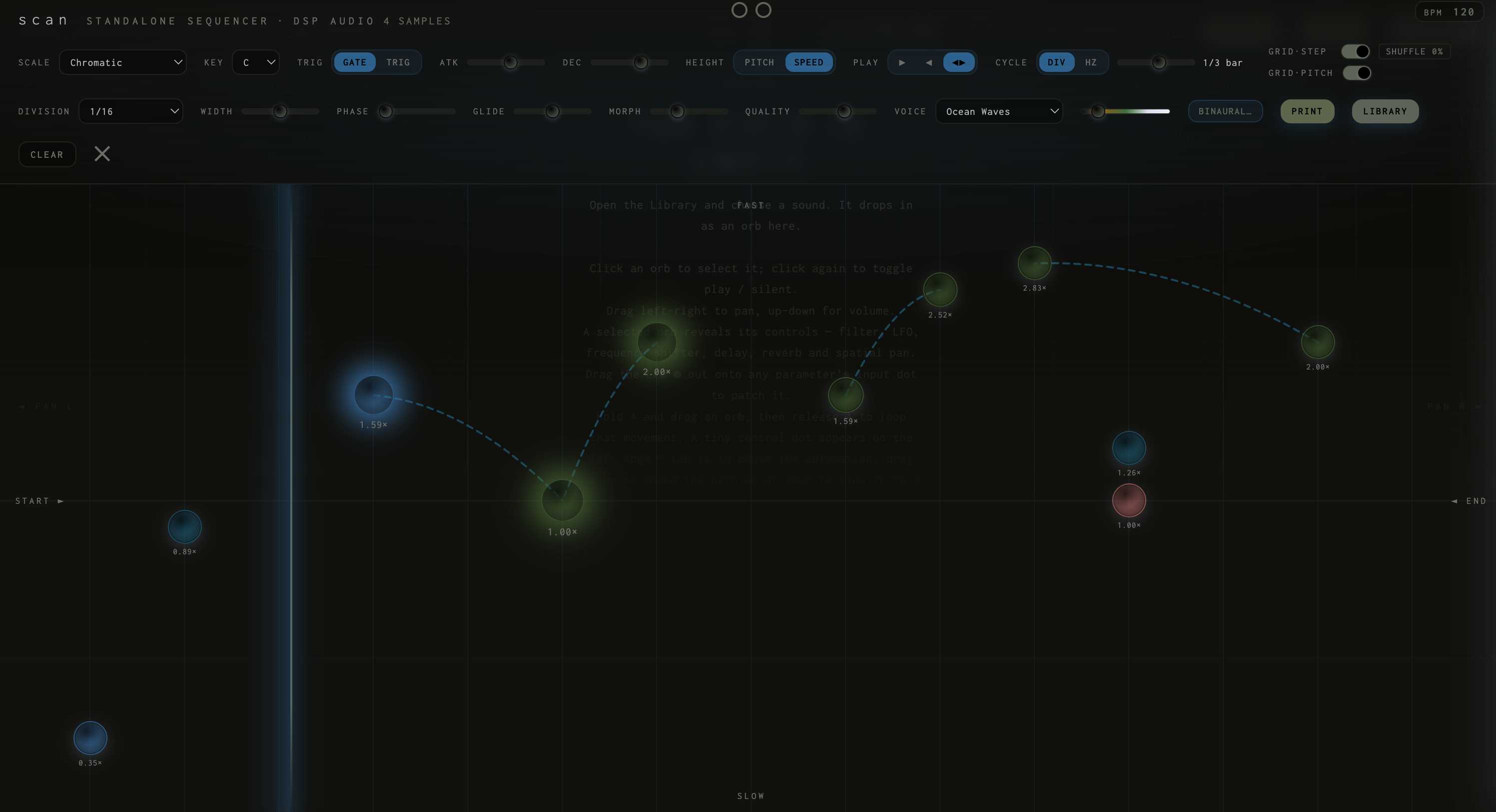 Scan — placement-as-score sequencing across the open field with per-sample DSP controls